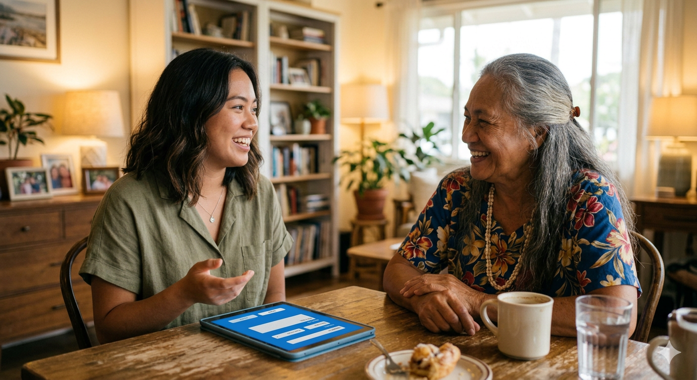friendly conversation between carer and resident